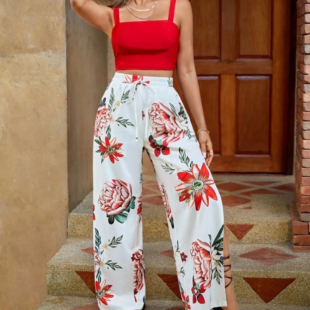 Boho Womens Solid Cami Top & Floral Print Split Thigh Pants set - Picture 5 of 5